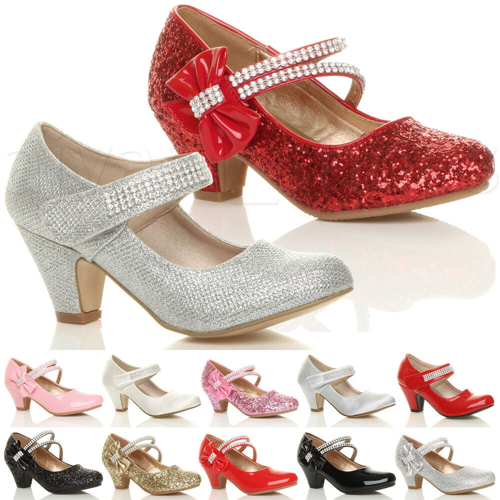 Kids Party Shoes
 GIRLS KIDS CHILDRENS LOW HEEL PARTY WEDDING MARY JANE