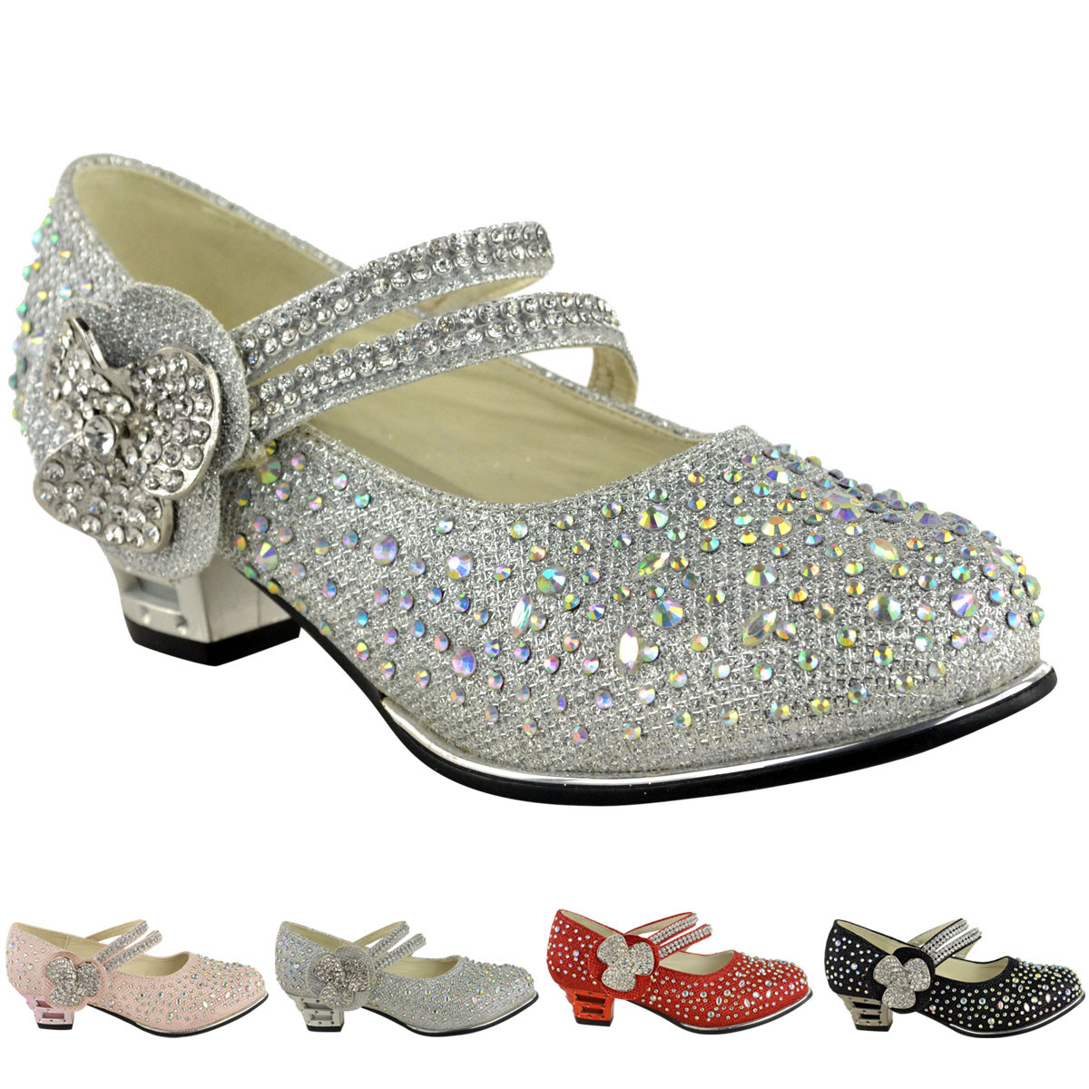 Kids Party Shoes
 Childrens Girls Kids Low Mid High Heel Diamante Party
