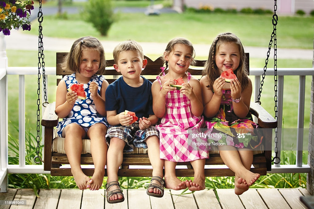 Kids Porch Swings
 Children Sitting Porch Swing With Watermelon High Res