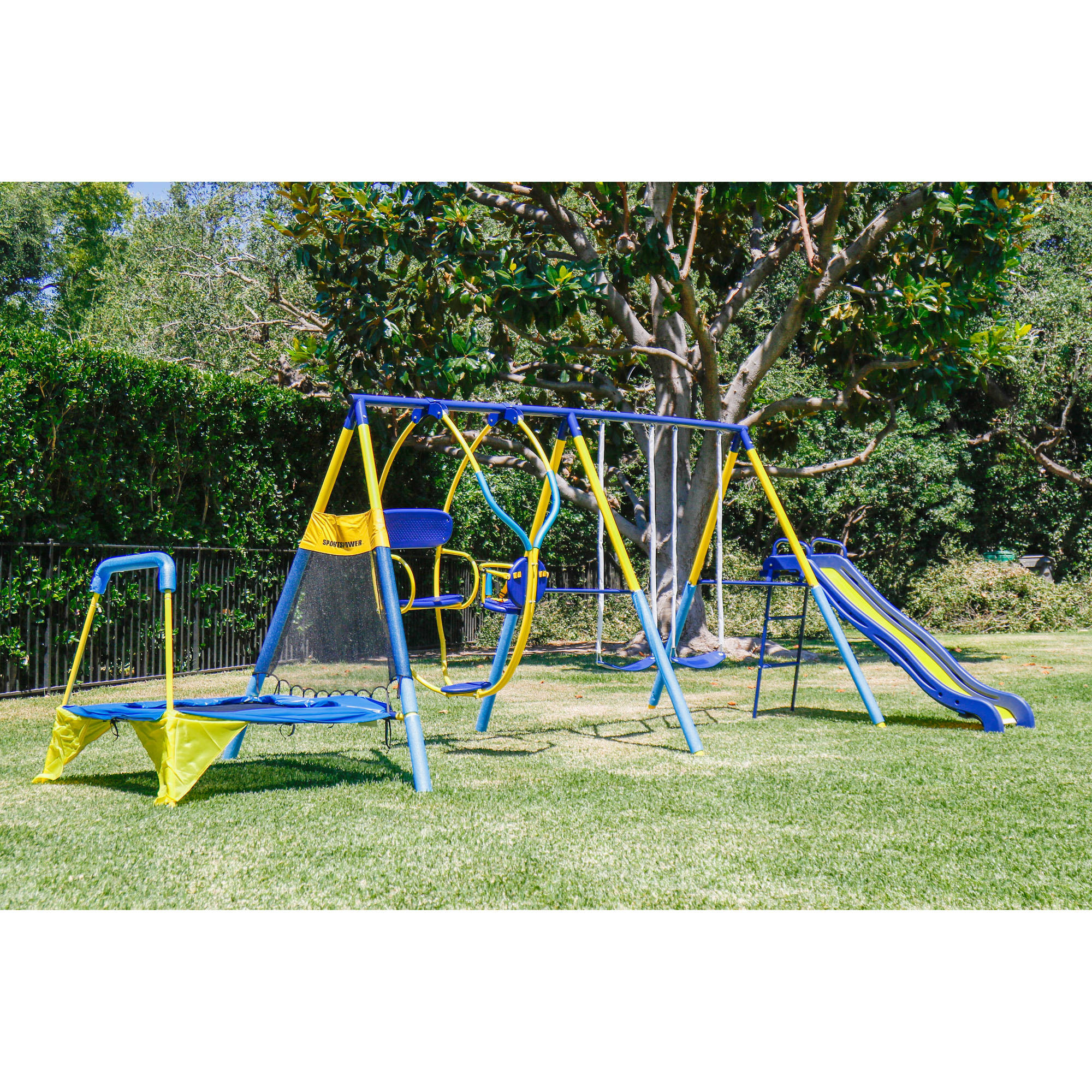 Kids Swing Slide Set
 Kids Playground Set Outdoor Swing Slide w Trampoline