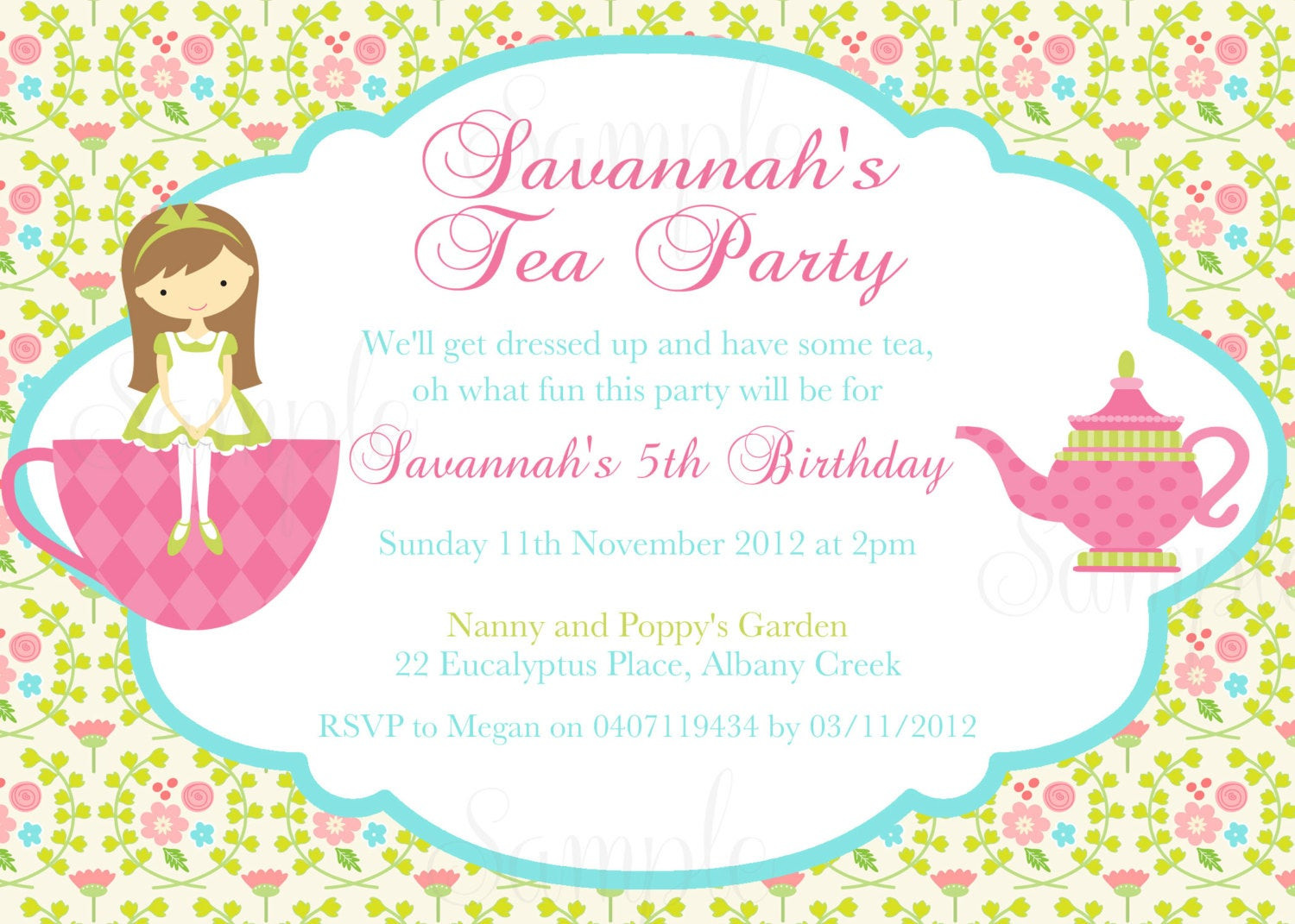 Kids Tea Party Invitations
 Tea Party Birthday Theme Printable Invitation and Gift Favor