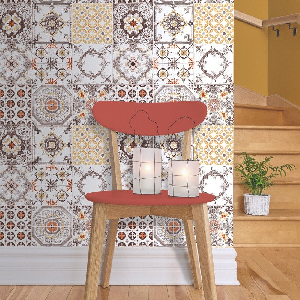 Kitchen Wallpaper Vinyl
 Muriva Tile Pattern Retro Floral Motif Kitchen Bathroom