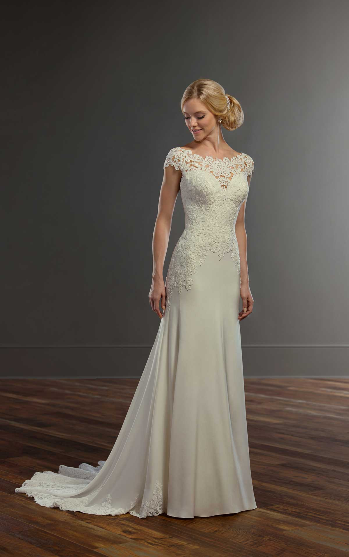 Lace Wedding Gown With Sleeves
 Romantic Lace and Chiffon Bridal Gown with Cap Sleeves