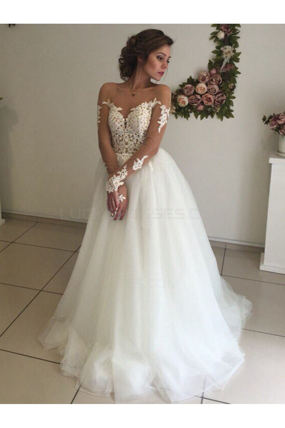 Lace Wedding Gown With Sleeves
 Long Sleeves Lace Illusion Neckline Wedding Dresses Bridal