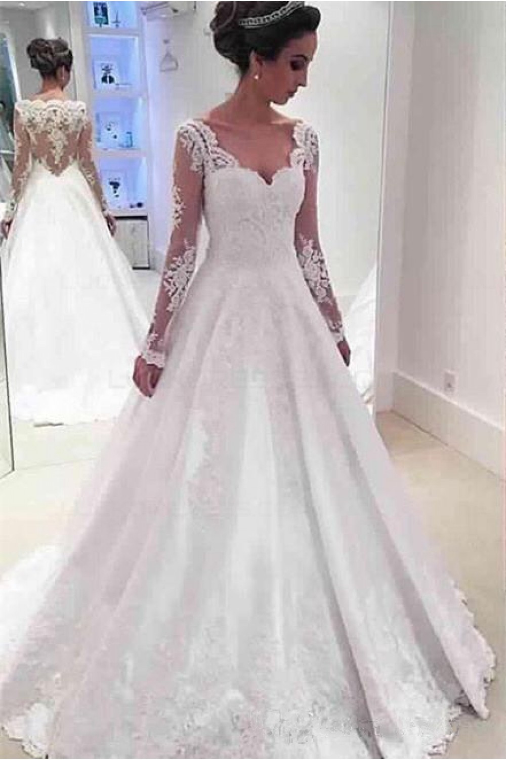 Lace Wedding Gown With Sleeves
 A Line Long Sleeves Lace Wedding Dresses Bridal Gowns