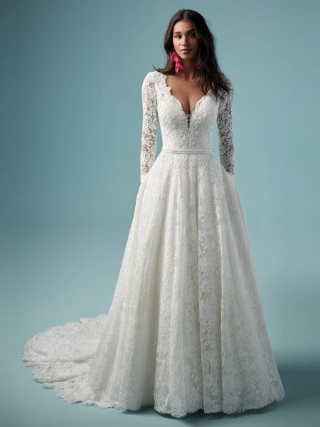 Lace Wedding Gown With Sleeves
 Lace V neckline Long Sleeve Ball Gown Wedding Dress