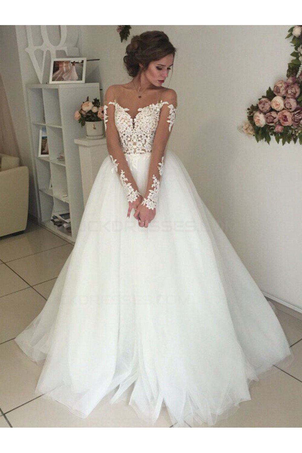 Lace Wedding Gown With Sleeves
 Long Sleeves Lace Illusion Neckline Wedding Dresses Bridal