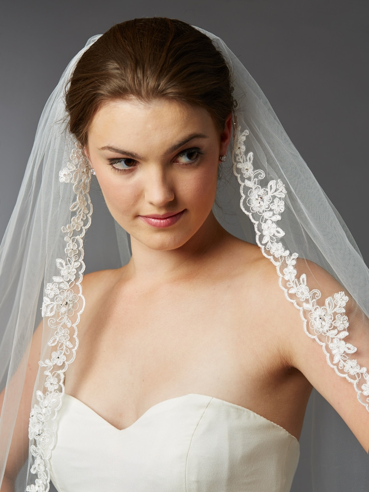 Lace Wedding Veils
 Ivory Lace Crystal & Beaded Fingertip Mantilla Wedding Veil