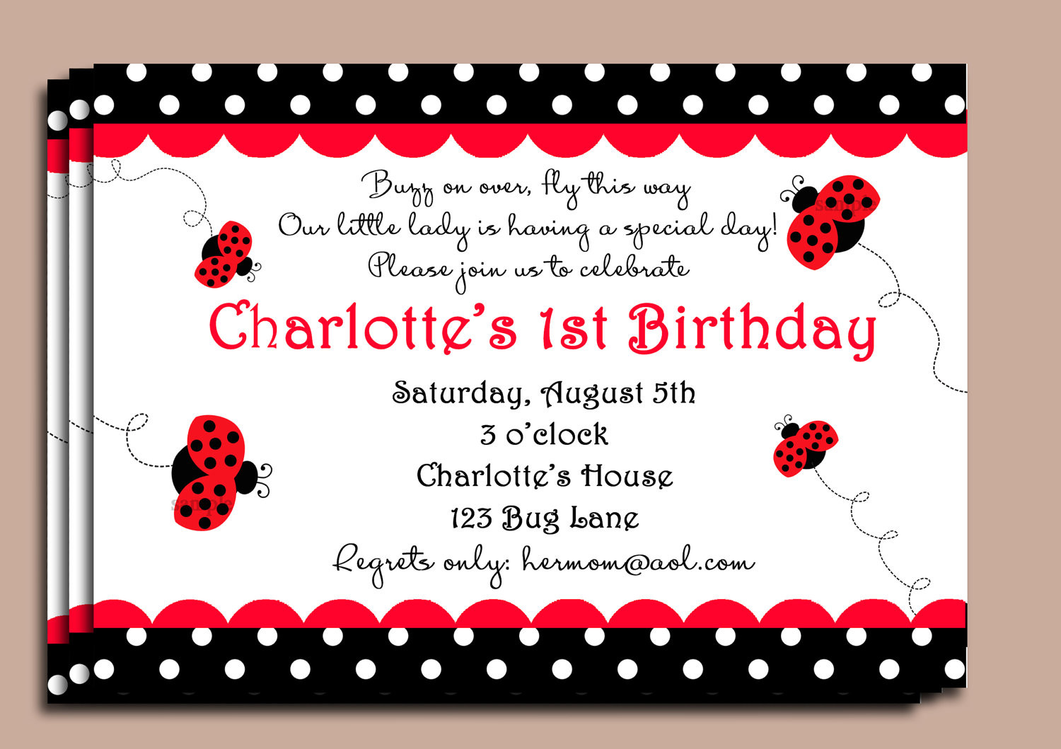 Ladybug Birthday Invitations
 Red Ladybug Invitation or Printed with FREE SHIPPING