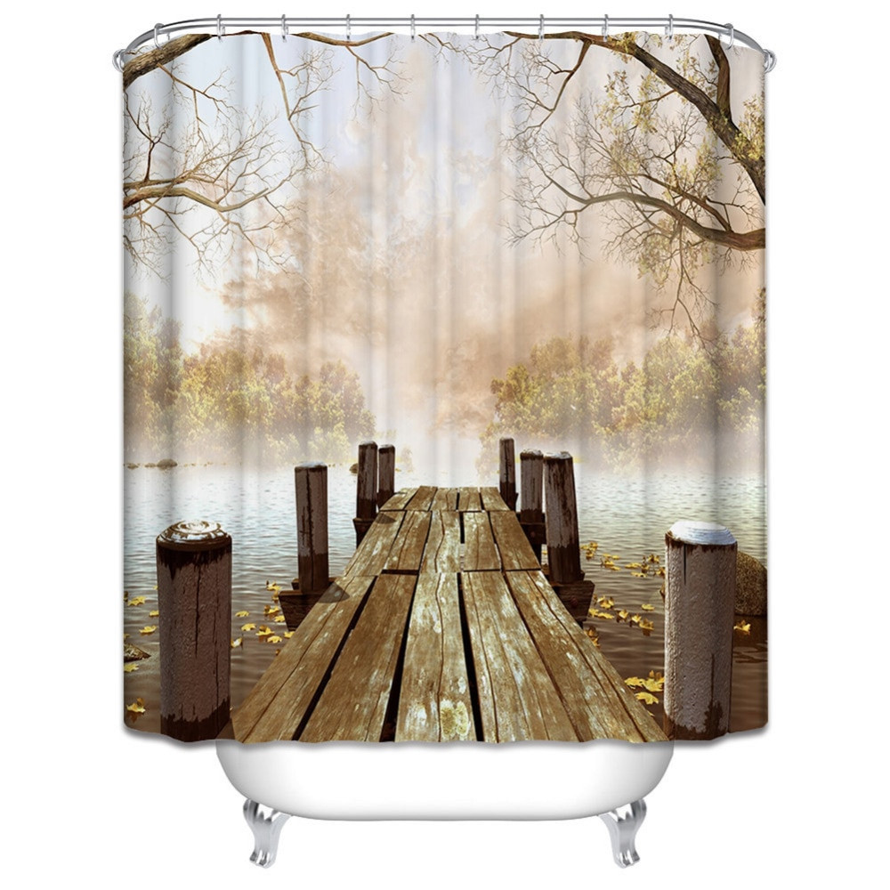 Lake Bathroom Decor
 Waterproof Polyester Yellow Shower Curtain Fall Wooden