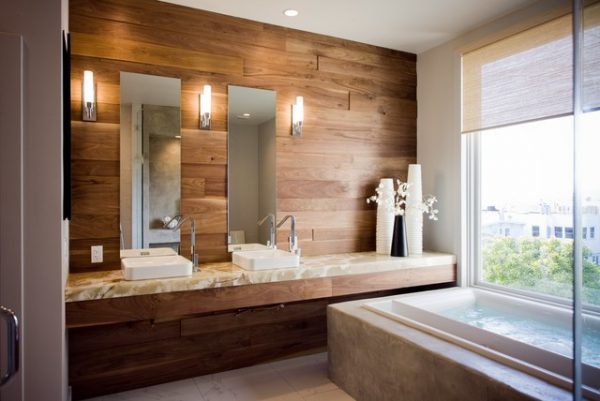 Laminate Bathroom Walls
 Laminate flooring on walls for a warm and luxurious feel