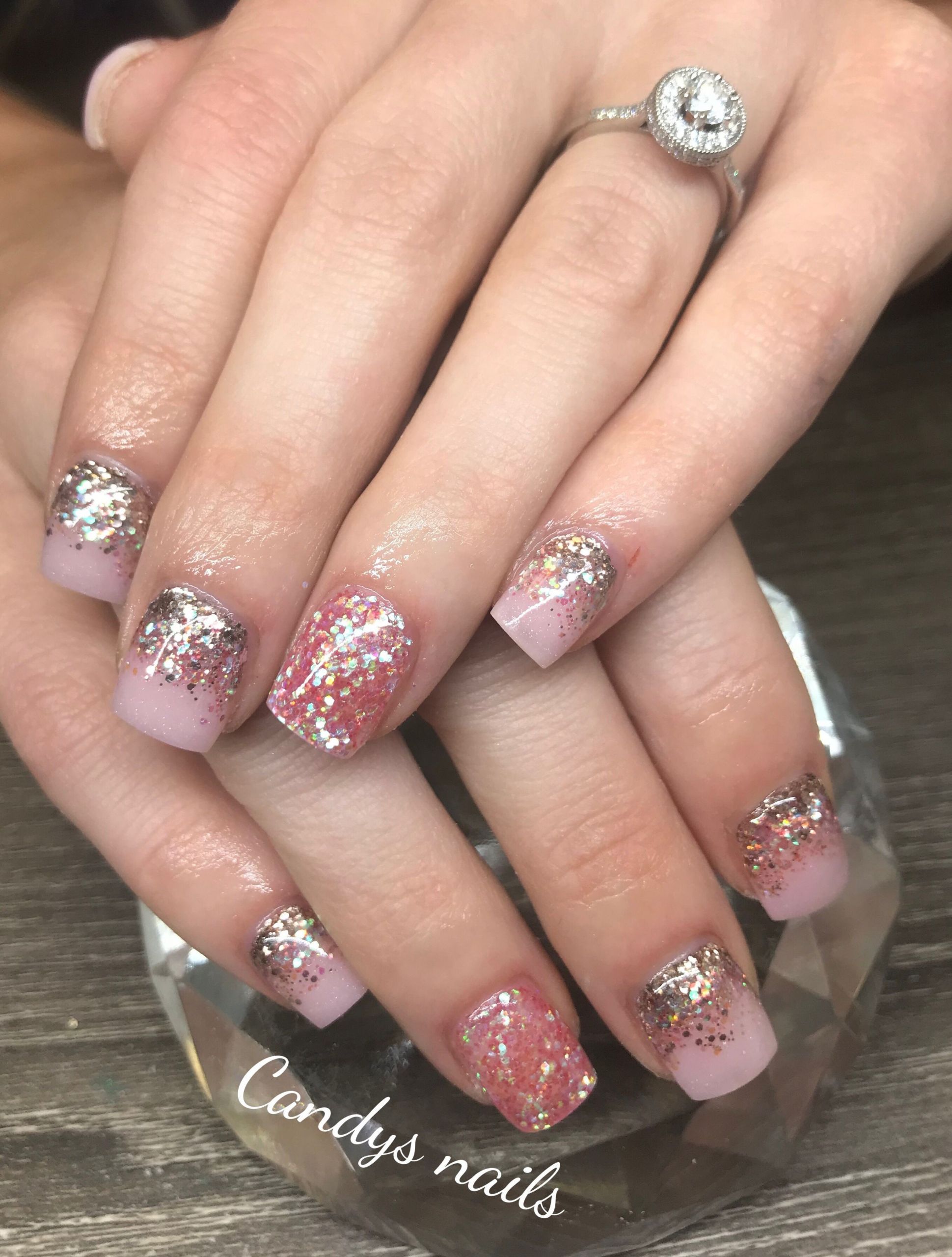 Light Pink Nails With Gold Glitter
 Rose gold glitter fade to light pink acrylic nails