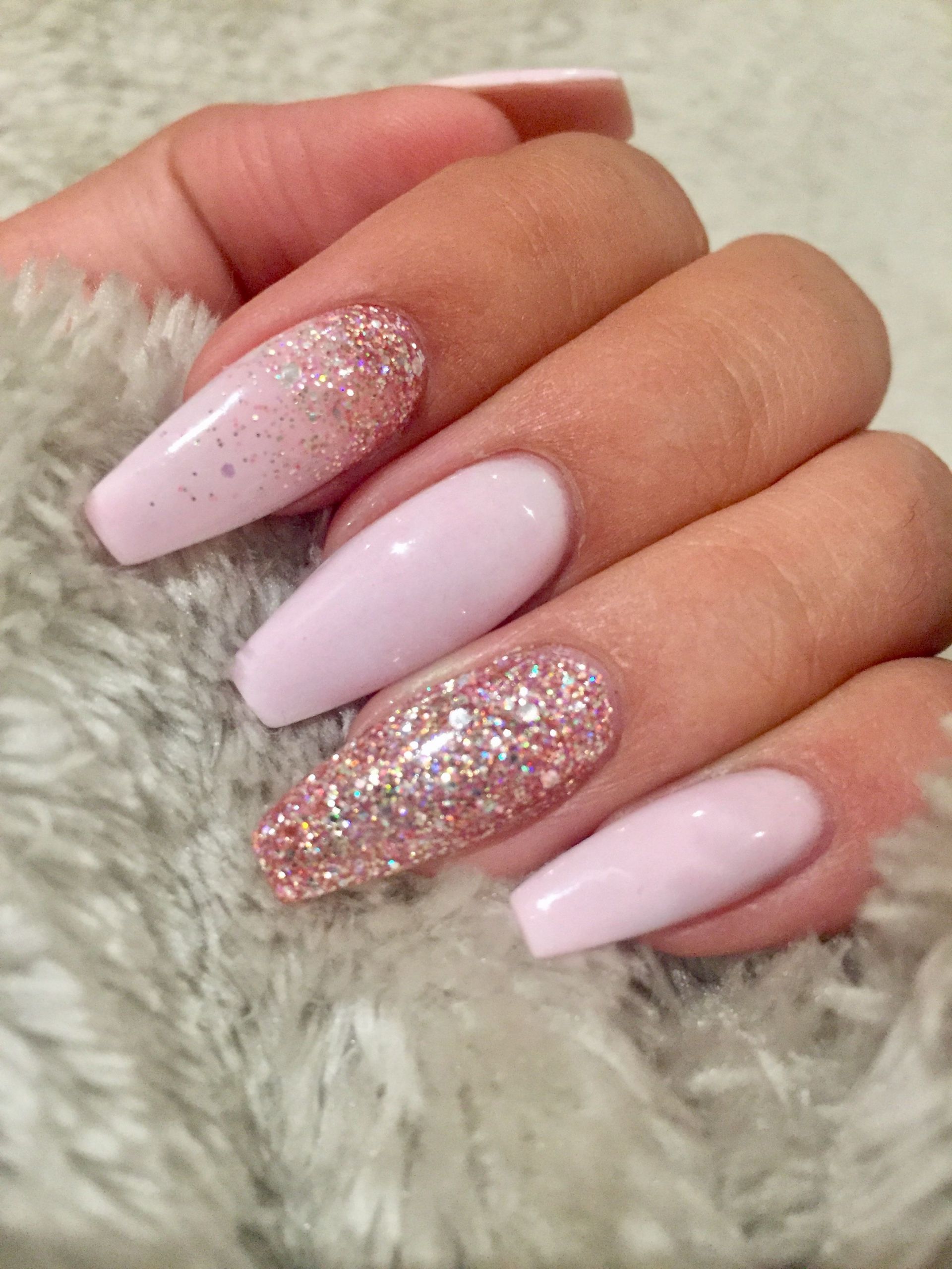 Light Pink Nails With Gold Glitter
 Light pink coffin nails with rose gold glitter inlove