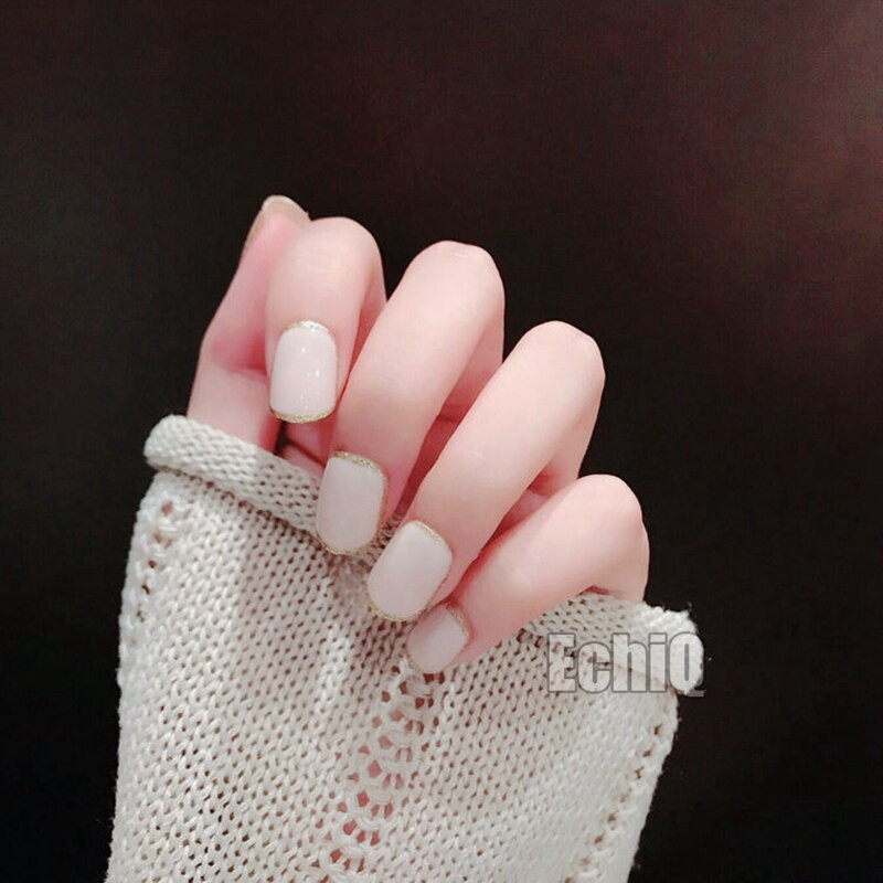 Light Pink Nails With Gold Glitter
 Simply Light Pink UV Acrylic Fake Nails Gold Glitter
