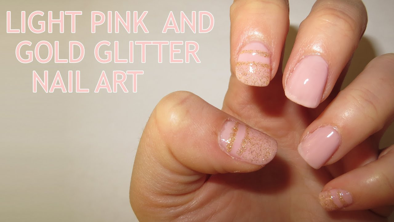 Light Pink Nails With Gold Glitter
 Light Pink and Gold Glitter Nail Art Requested