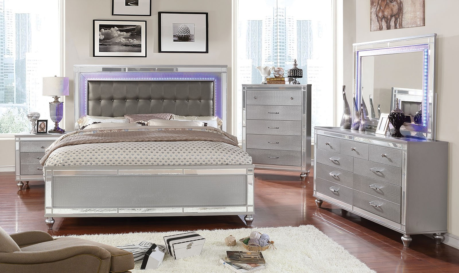 Lighted Headboard Bedroom Set
 Contemporary Silver Finish Light Headboard Tufted