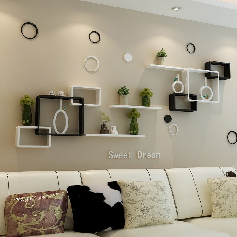 Living Room Wall Shelves
 TV background wall shelving cross creative lattice shelf