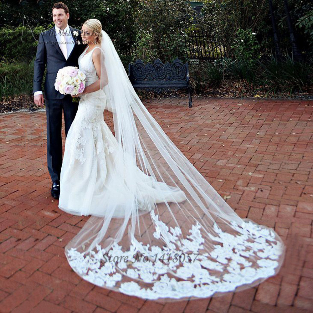 Long Cathedral Wedding Veils
 2016 Applique Tulle 3 Meters Long Cathedral Wedding Veils