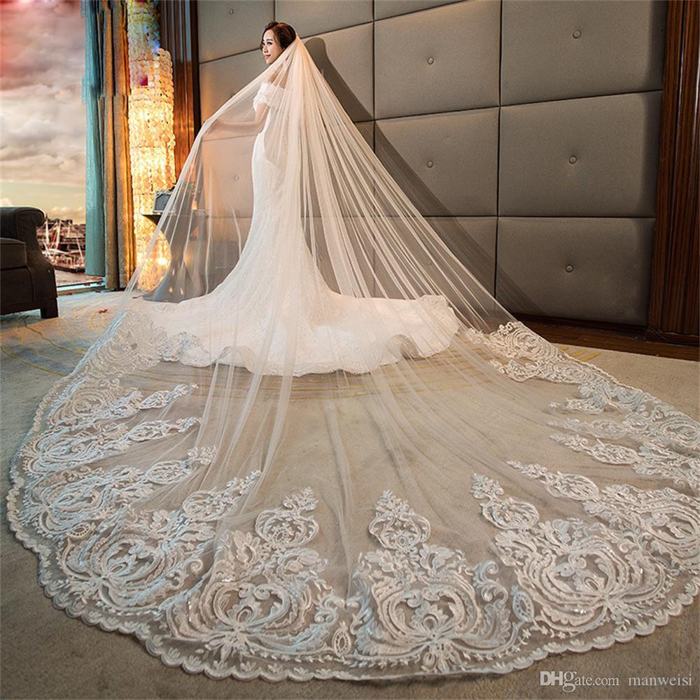 Long Cathedral Wedding Veils
 Classy Long Bridal Veils Cathedral Length Lace Applique 3M