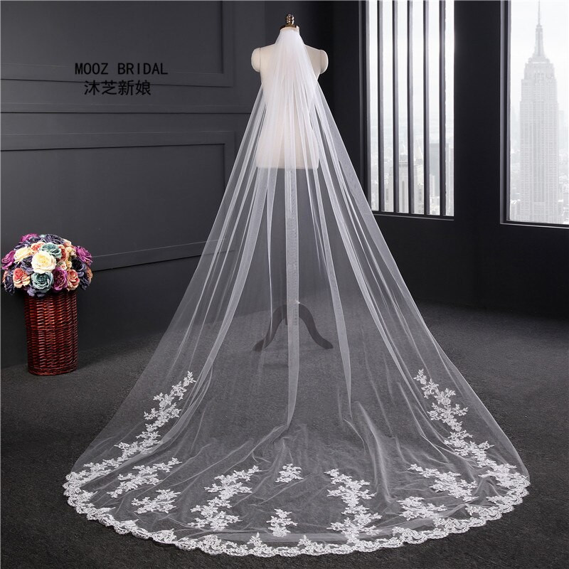 Long Wedding Veils With Crystals
 Real Wedding Veils 3m Long Veils Lace Applique