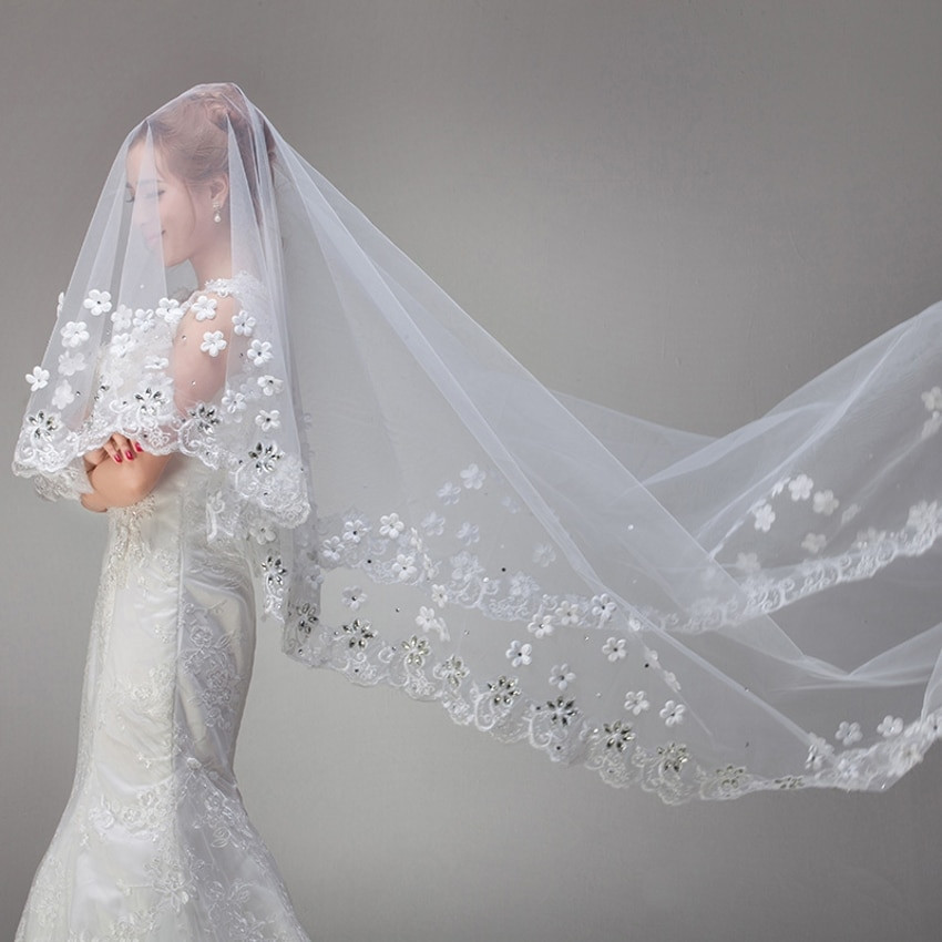 Long Wedding Veils With Crystals
 White Vintage Cheap Tulle Bride Cathedral Long Bridal Lace
