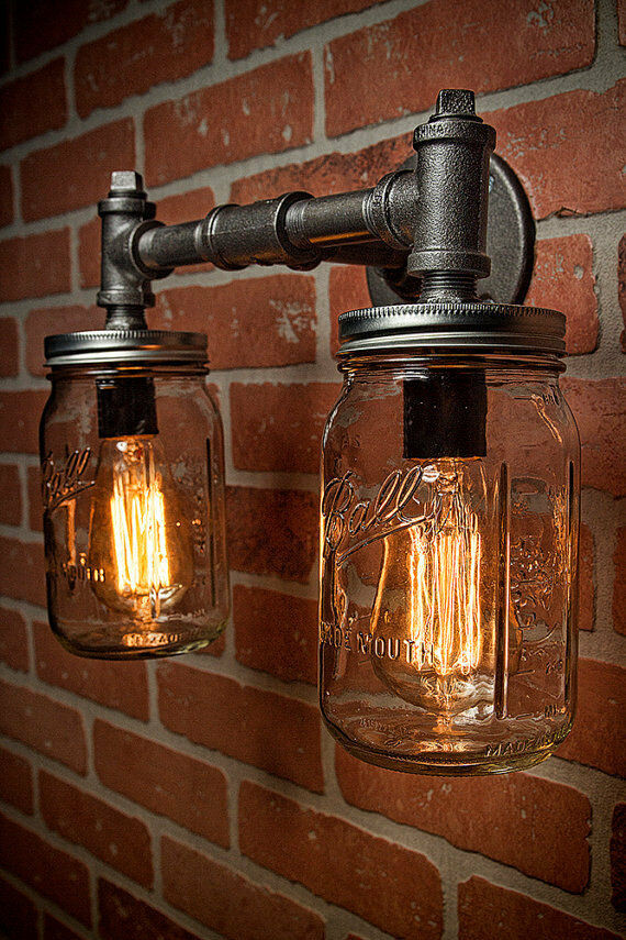 Mason Jar Bathroom Light Fixtures
 Two Mason Jar Vanity Sconce Light Fixture Industrial