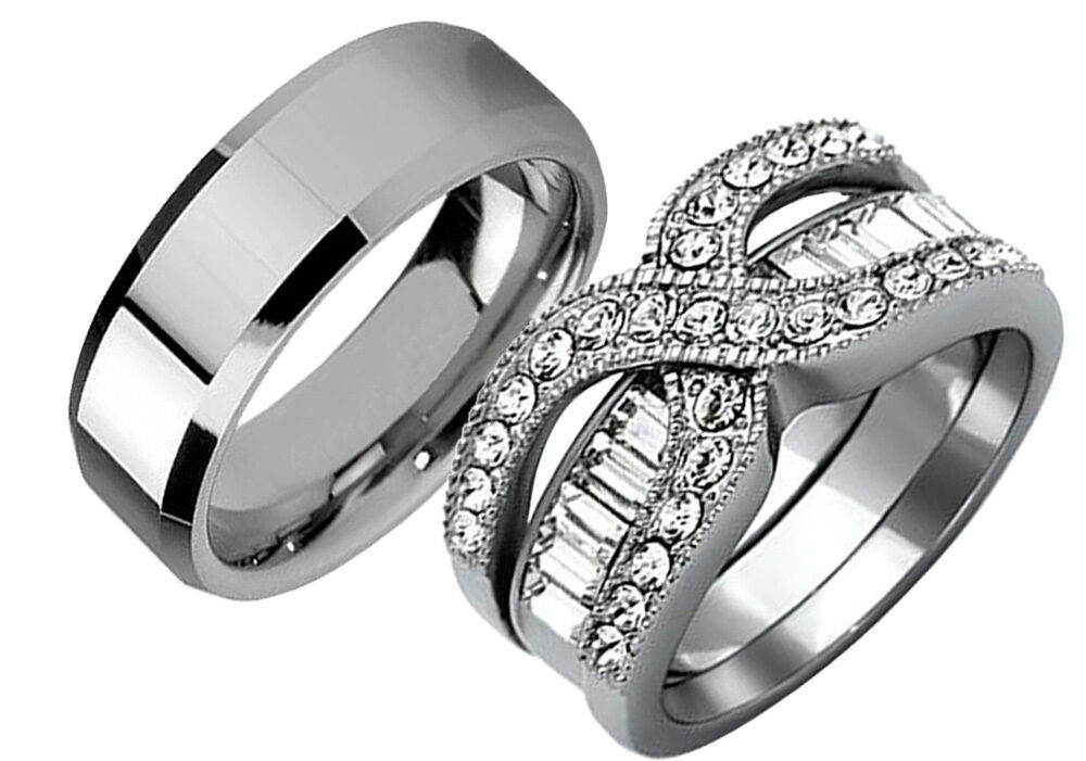 Matching Wedding Band Sets For His And Her
 3 Pcs His & Her Stainless Steel Wedding Engagement Couple