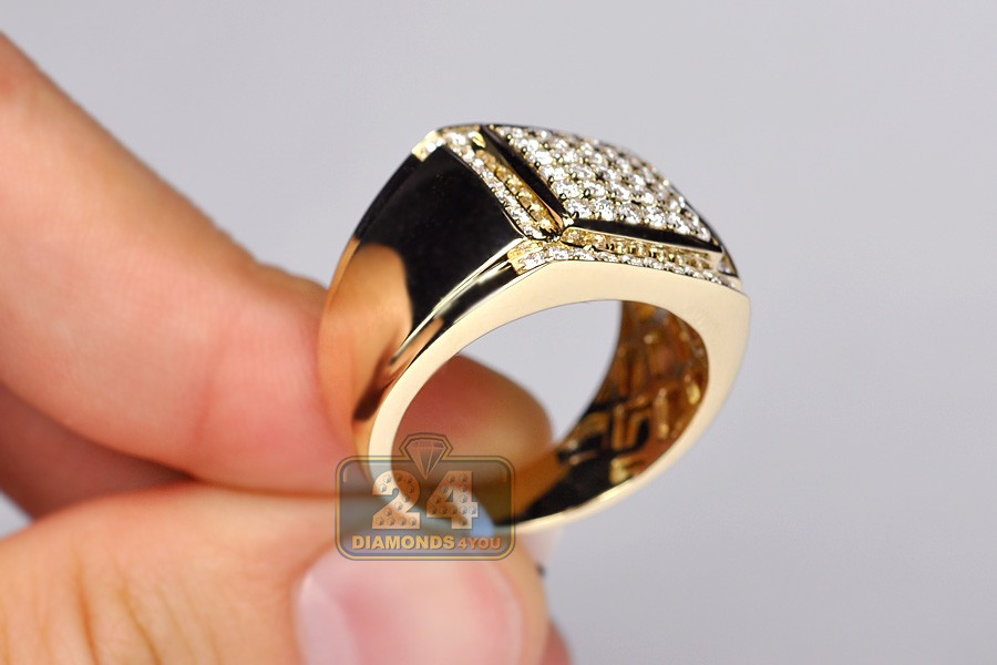 Mens Yellow Gold Diamond Rings
 Mens Round Cut Diamond Square Signet Ring 14K Yellow Gold