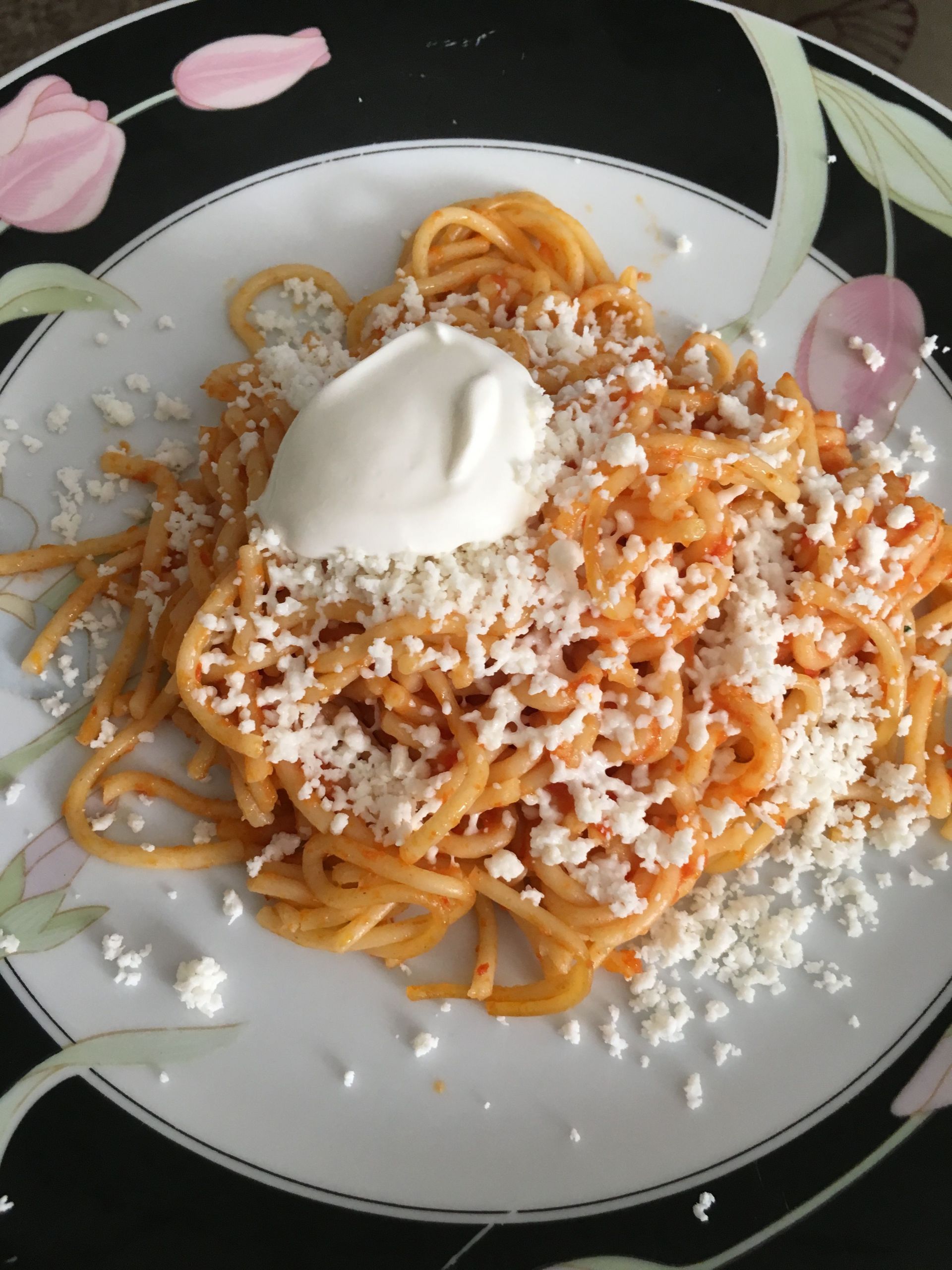 Mexican Spaghetti With Sour Cream
 Mexican Spaghetti w queso fresco & sour cream