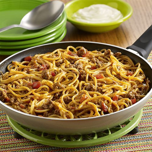 Mexican Spaghetti With Sour Cream
 A pot sized pasta recipe with the flavor of tacos made in