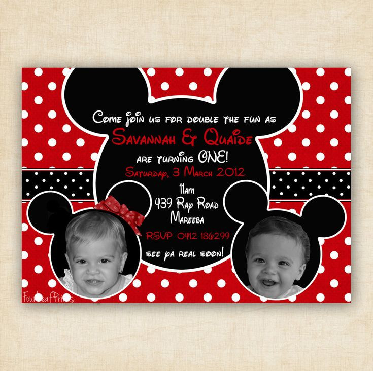 Mickey And Minnie Birthday Invitations
 Mickey and Minnie Mouse Twin Birthday Party Invitation