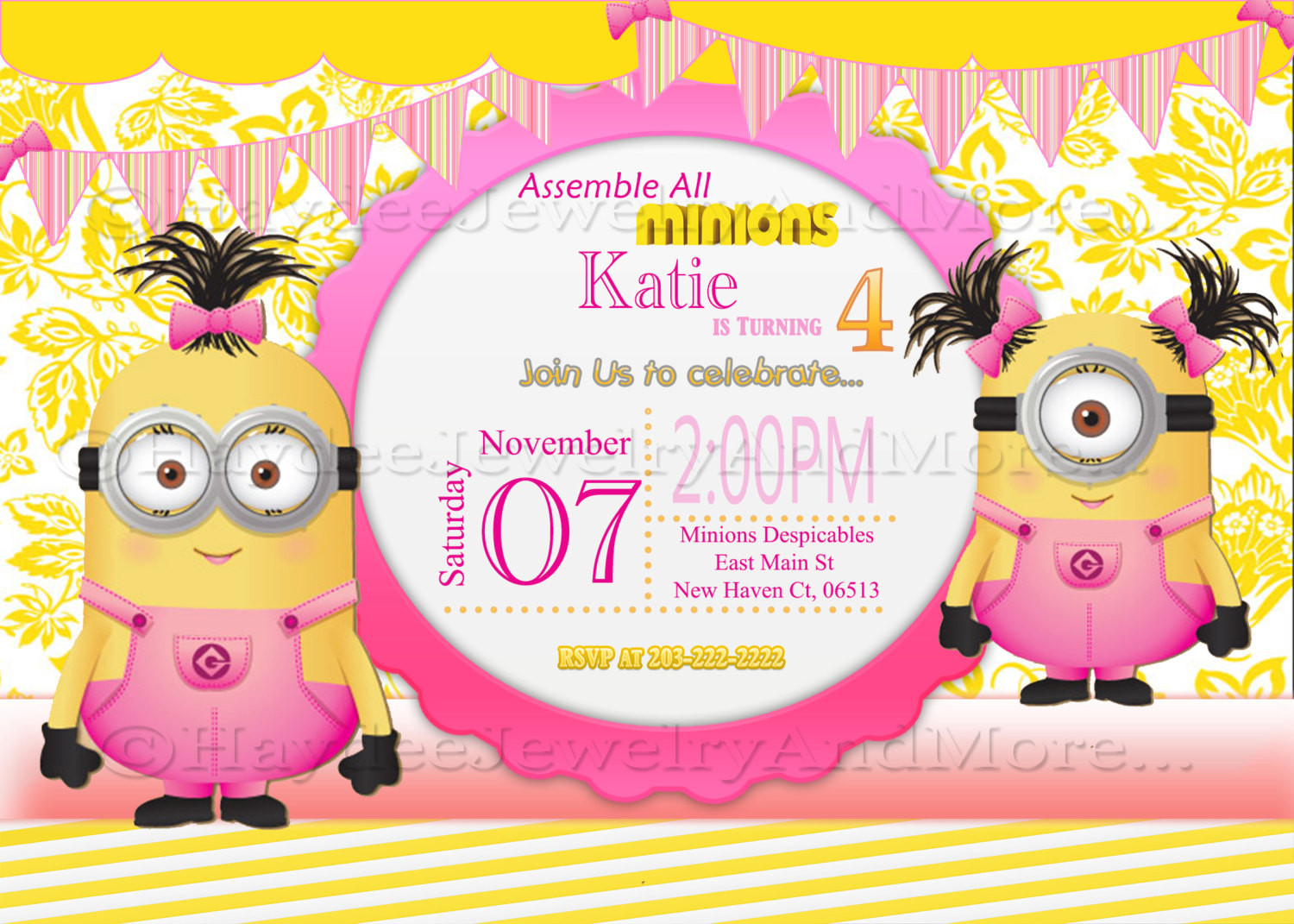 Minion Birthday Invitation
 Minions Girls Birthday Card Invitation Minions Theme Birthday