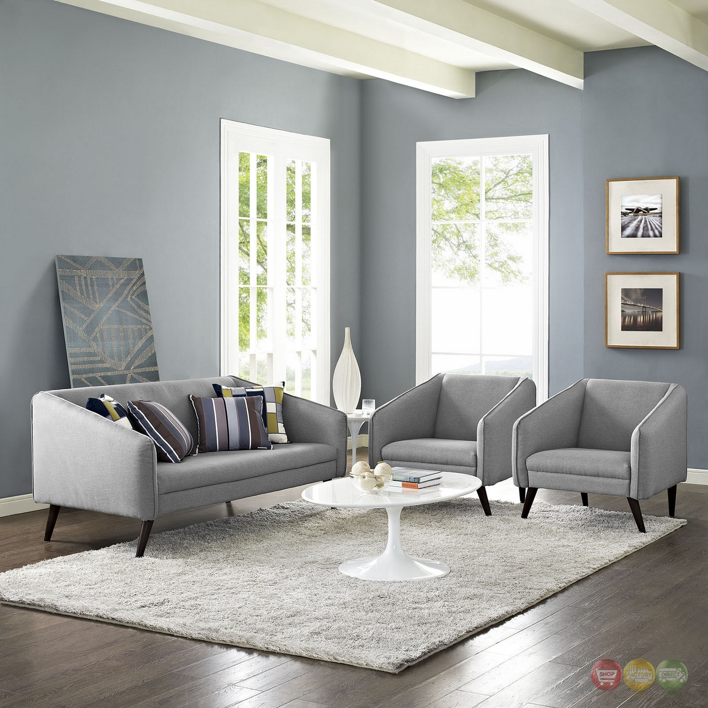 Modern Gray Living Room
 Slide Modern 3 pc Upholstered Sofa & Armchairs Living Room