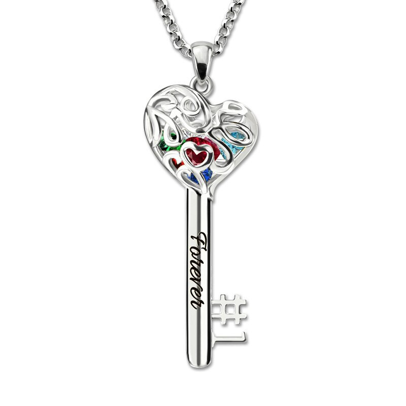Mom Necklace White Gold
 No 1 MOM Heart Cage Key Necklace With Birthstones White