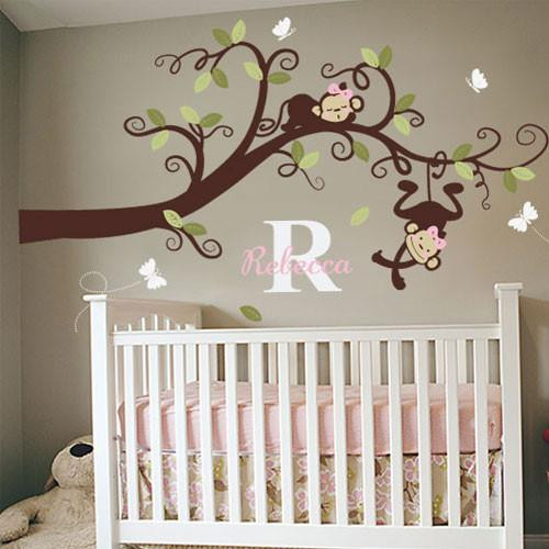 Monkey Baby Room Decor
 Girl Monkeys on Branch Tree Wall Decal Pinknbluebaby