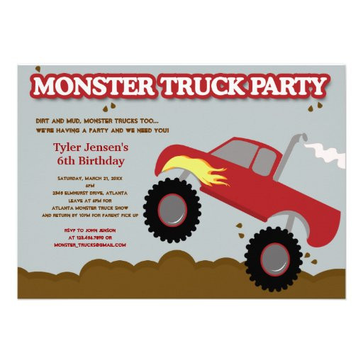 Monster Truck Birthday Invitations
 Monster Truck Birthday Party Red Gray Colors 5x7 Paper