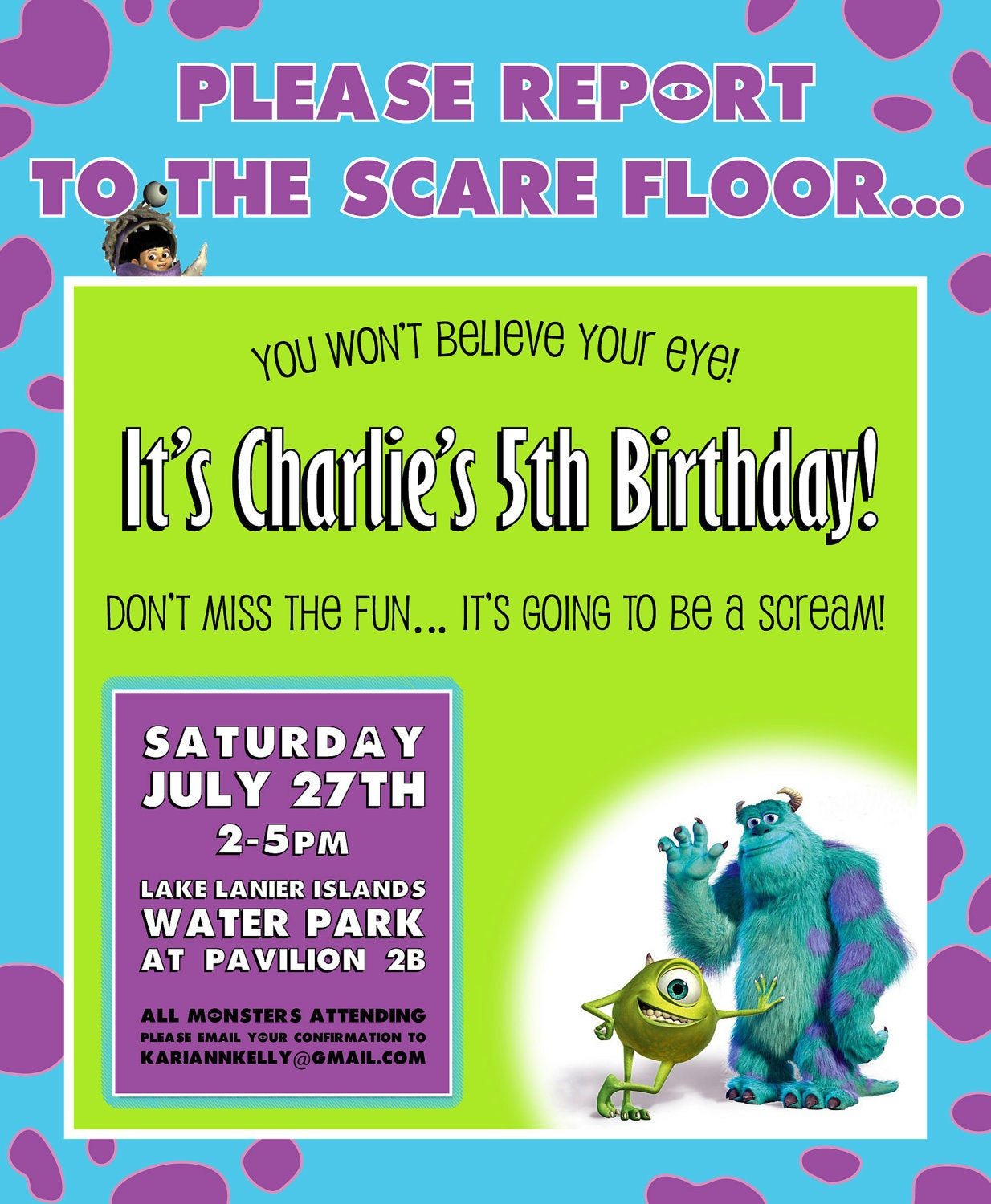 Monsters Inc Birthday Invitations
 Monsters Inc Birthday Invitation Design by kariannkelly