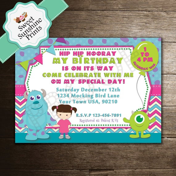 Monsters Inc Birthday Invitations
 Monsters Inc Birthday Party Invitation by SweetSunshinePrints