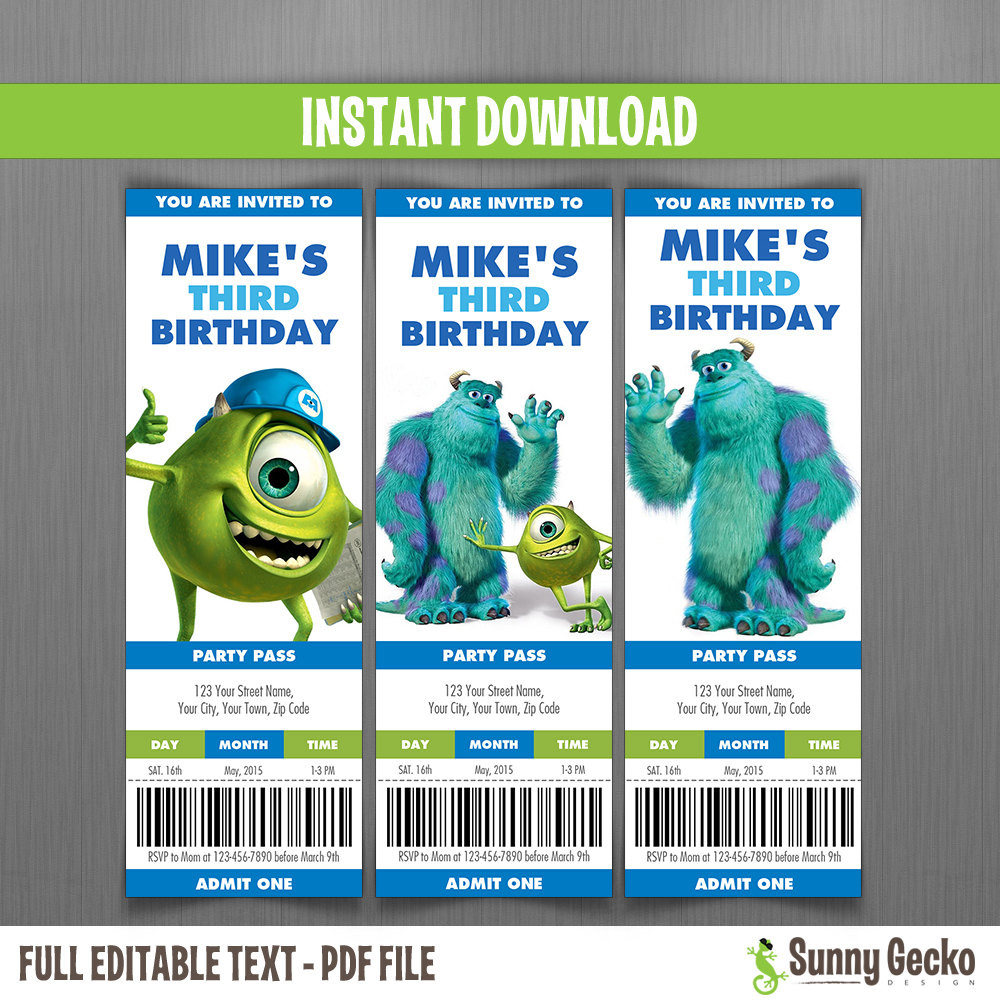 Monsters Inc Birthday Invitations
 Monsters Inc Birthday Ticket Invitations Instant