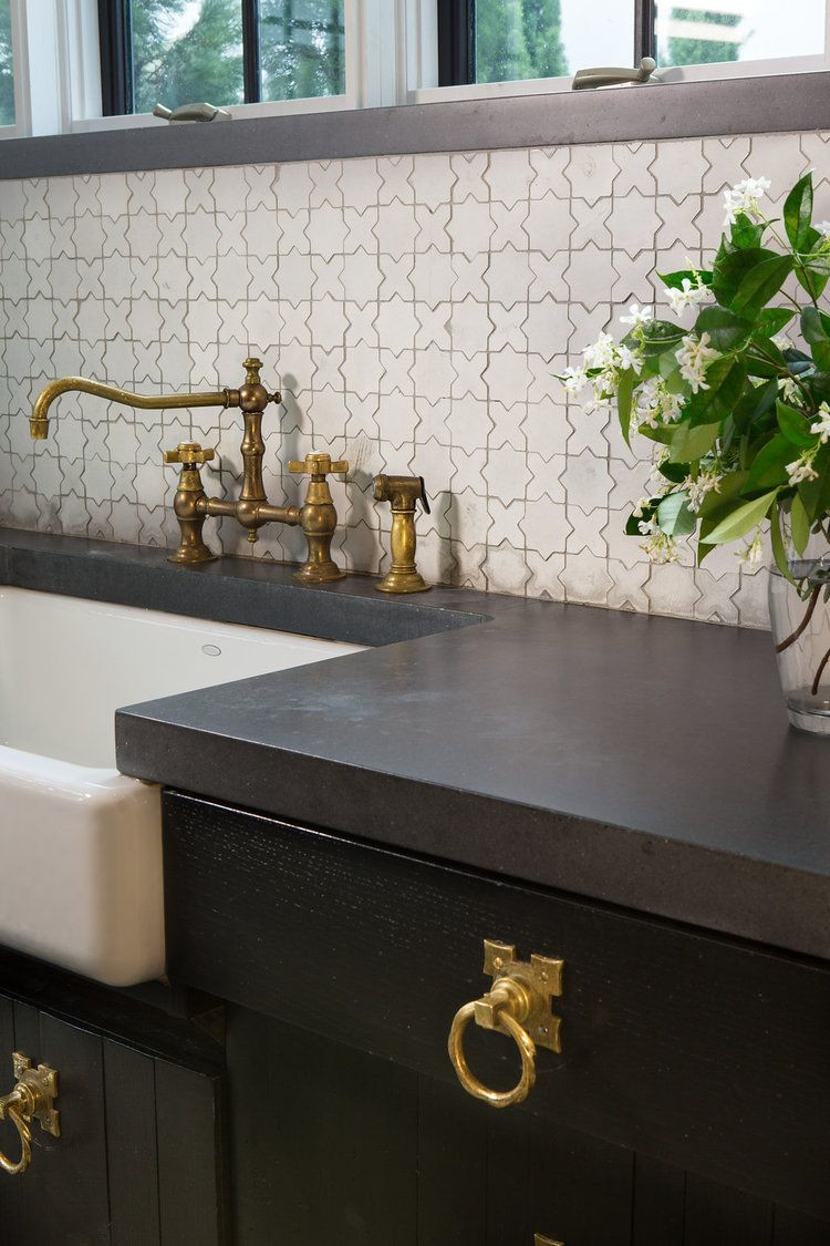 Moroccan Tile Kitchen Backsplash
 Alys Beach kitchen detail black counters paired with