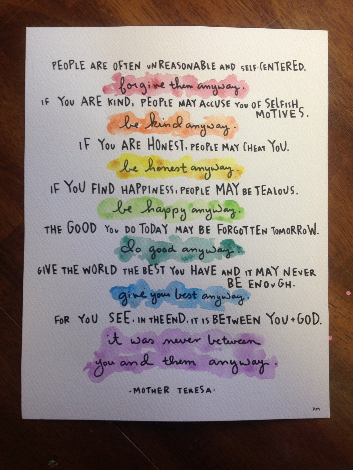 Mother Teresa Quote Anyway
 mother teresa do it anyway poem print 5x7 8x10 11x14