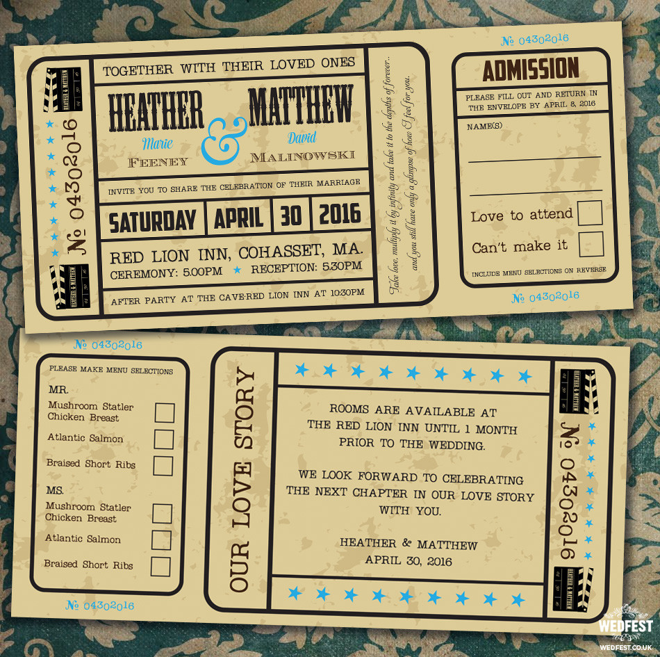 Movie Ticket Wedding Invitations
 Cinema and Movie themed Wedding Stationery