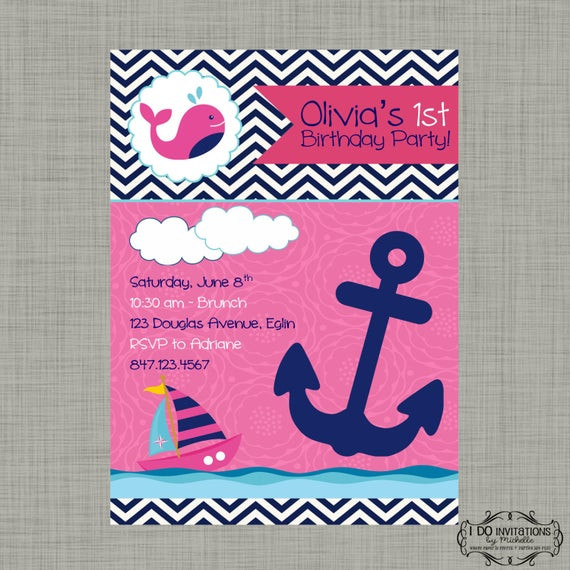 Nautical 1st Birthday Invitations
 Girl Whale Nautical 1st Birthday Invitation Pink and