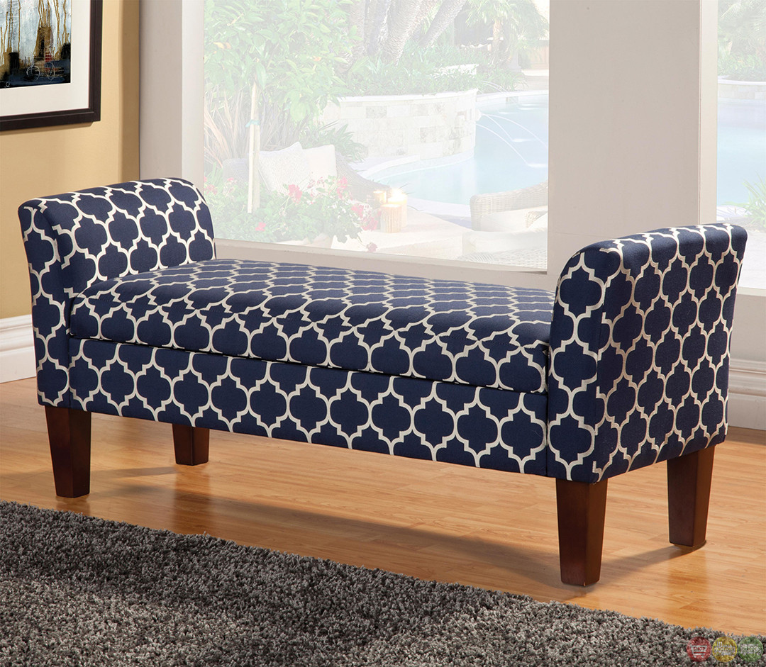 Navy Storage Bench
 Contemporary Navy Blue & White Patterned Fabric