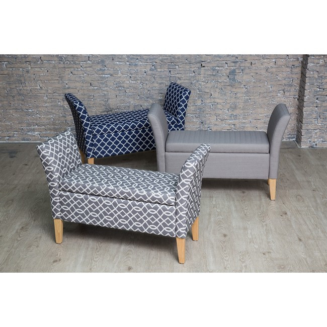 Navy Storage Bench
 Upholstered Navy Geometric Storage Bench with Arms