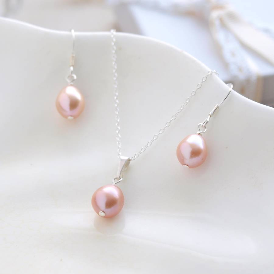 Necklace And Earring Sets
 Pink Pearl Bridal Earrings And Necklace Set By Jewellery