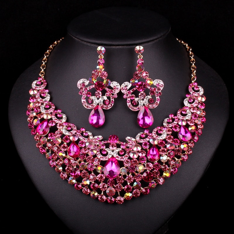 Necklace Earring Sets
 Fashion Gold Color Pink Rhinestone Necklace Earring Bridal