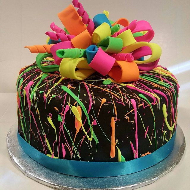 Neon Birthday Cakes
 Neon splatter cake black fondant with white chocolate