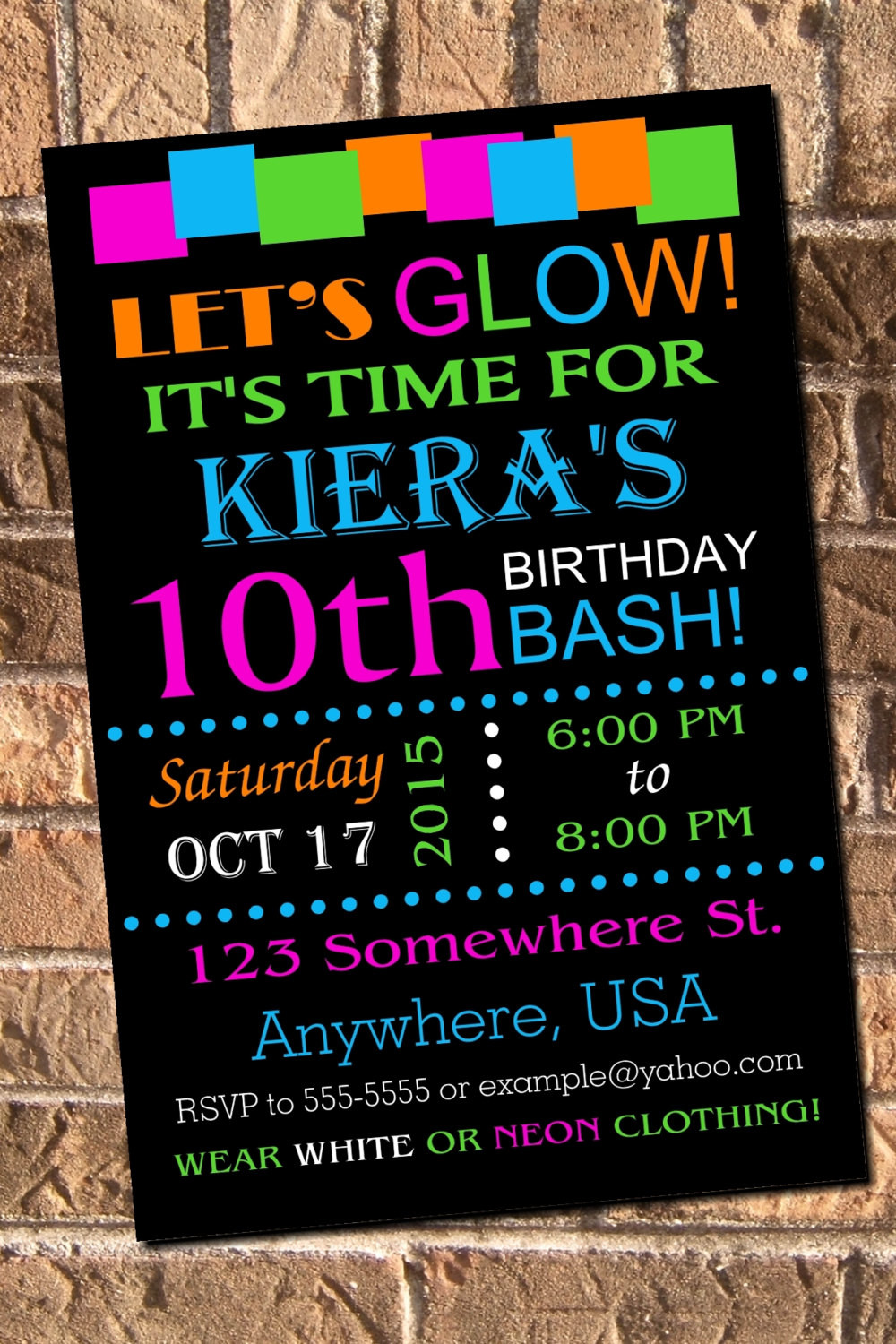 Neon Birthday Invitations
 Glow Neon Birthday Party Invitation with free Thank by