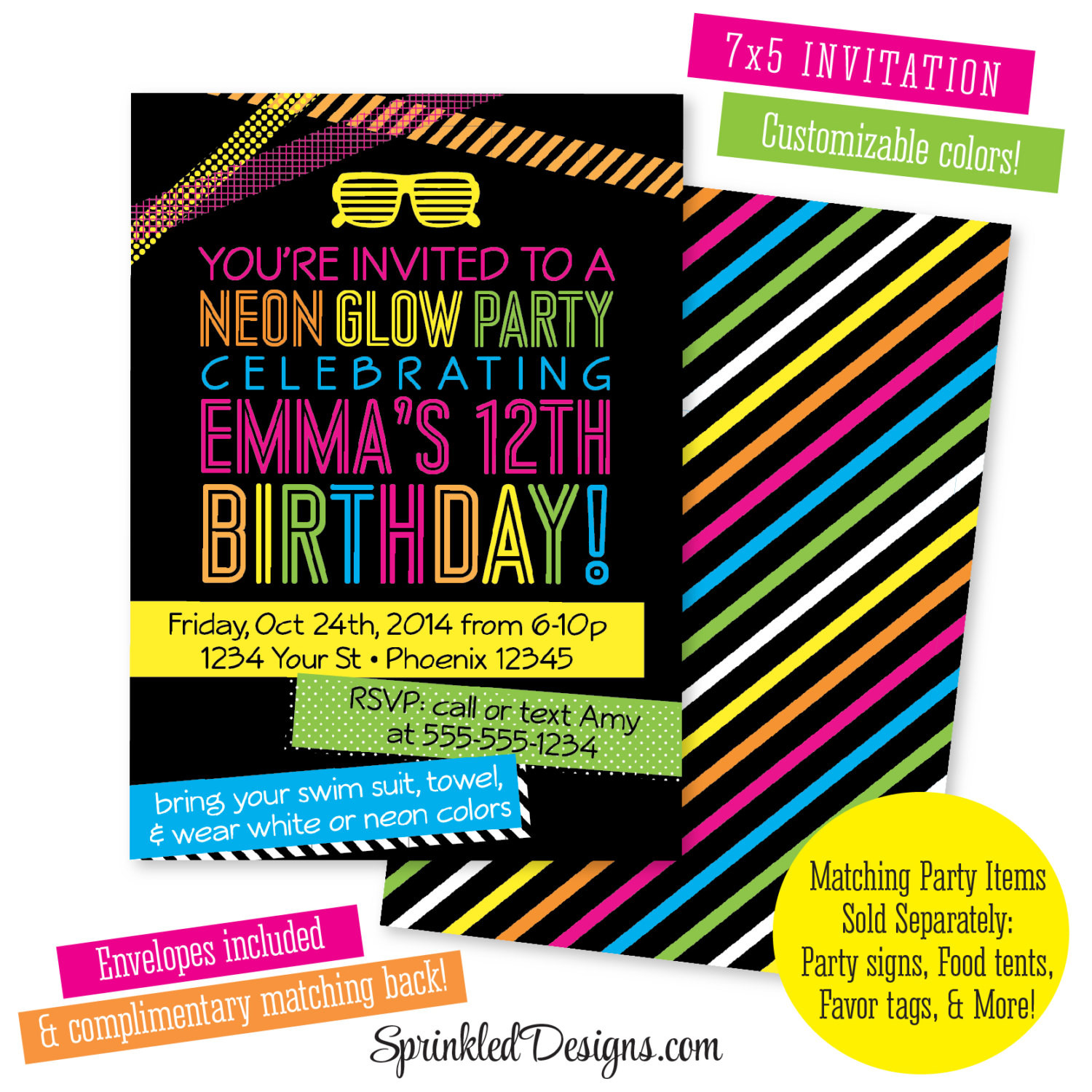 Neon Birthday Invitations
 Neon Birthday Party Invitation Teen Teenager Kids Glow In